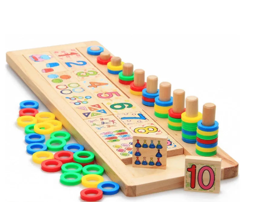 Montessori teaching log board made of rubber wood with a plastic ring, packed size 43 x 14 x 4.5 cm