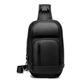 Black medium-sized PVC outdoor shoulder bag showing front view and interior laptop compartment.