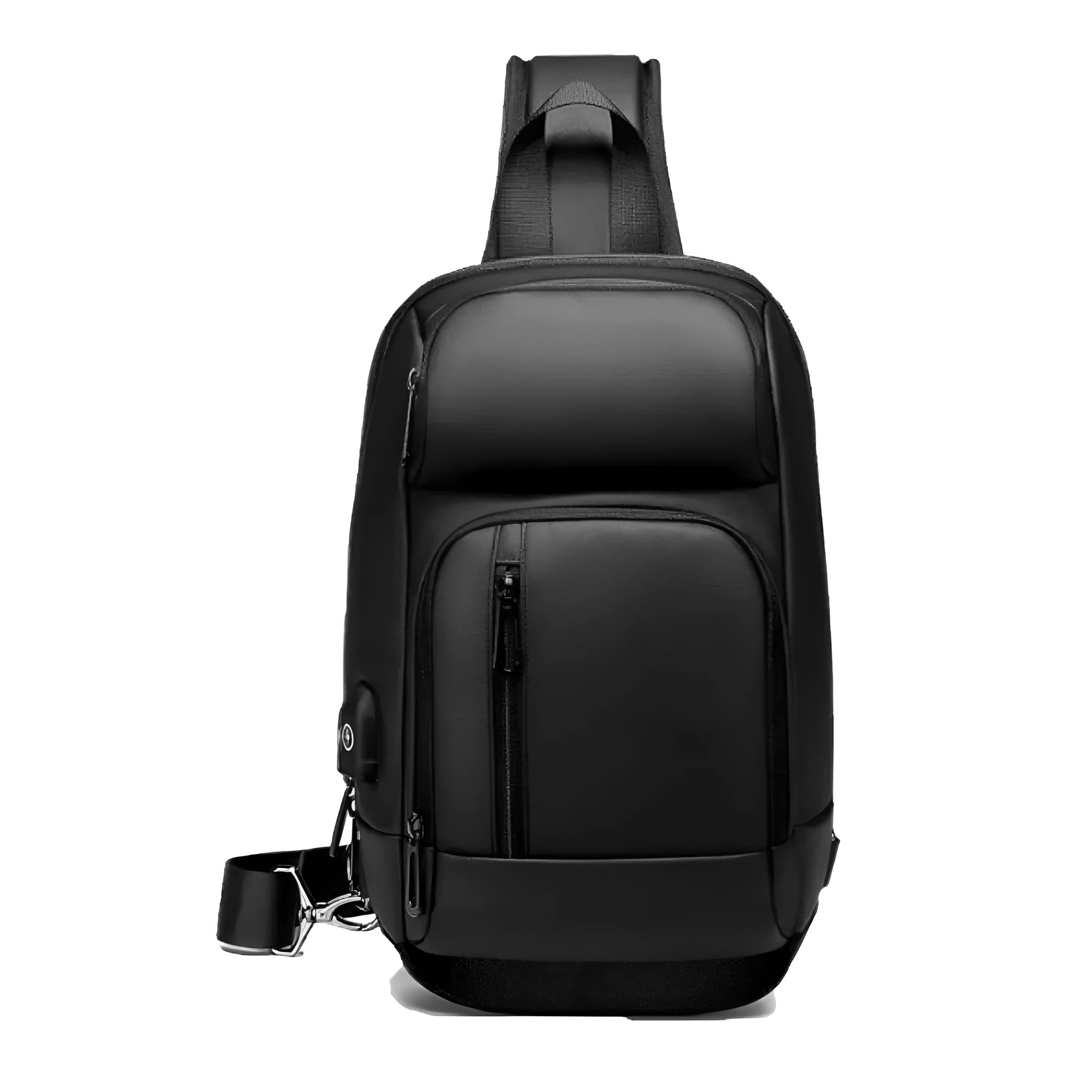 Black medium-sized PVC outdoor shoulder bag showing front view and interior laptop compartment.