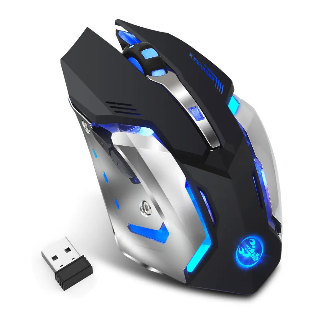 HXSJ black wireless gaming mouse with 2400 DPI, six buttons, four-way roller, 2.4GHz USB connection, and 10m range