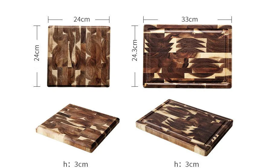 Brown acacia solid wood chopping board with parquet design, 3cm thick, on a kitchen counter