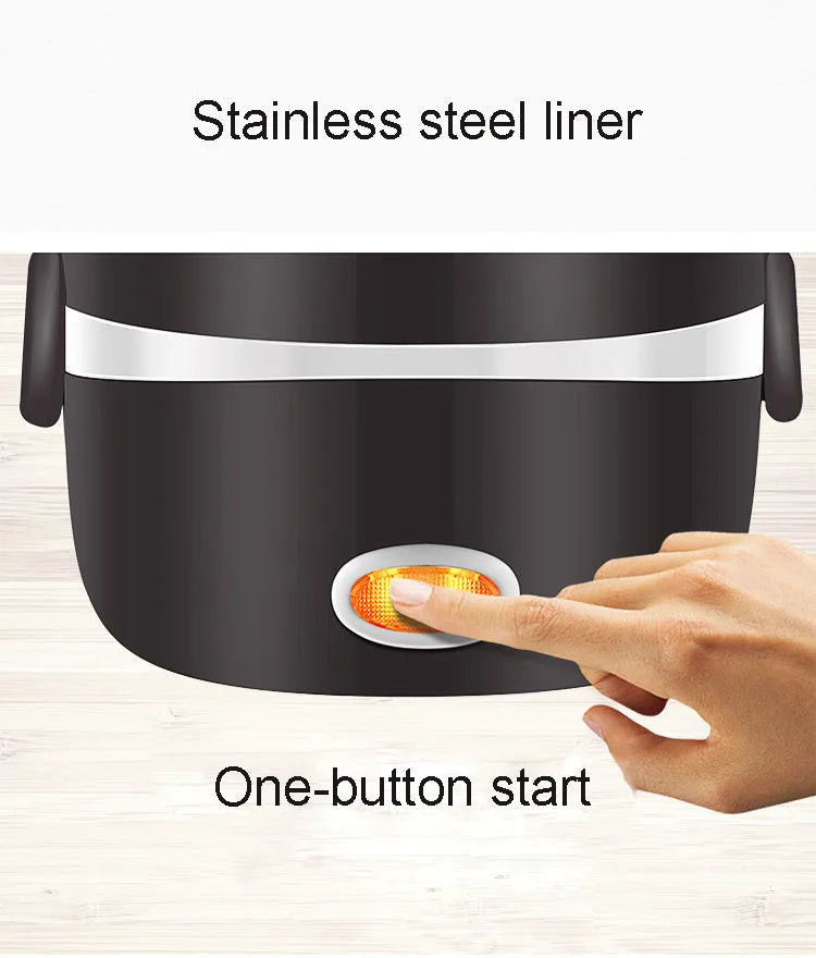 USB electric lunch box showing two-layer and three-layer capacity options with 200W heating power