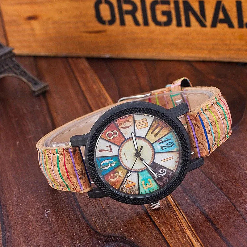 Women's vintage leather strap watch with 37mm round dial and tempered glass