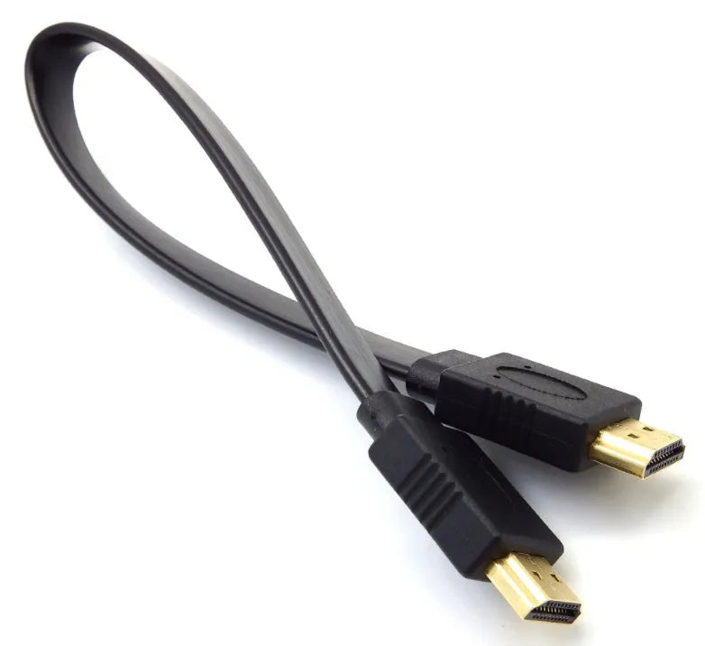 HDMI 1.4 flat cable with gold connectors showing length options for 1080P video connection