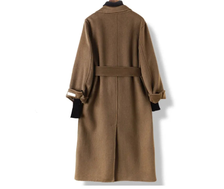 Men's wool suit collar overcoat in caramel colour showing single-breasted design