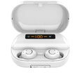 Wireless Bluetooth headset earbuds in black with battery display and stereo sound