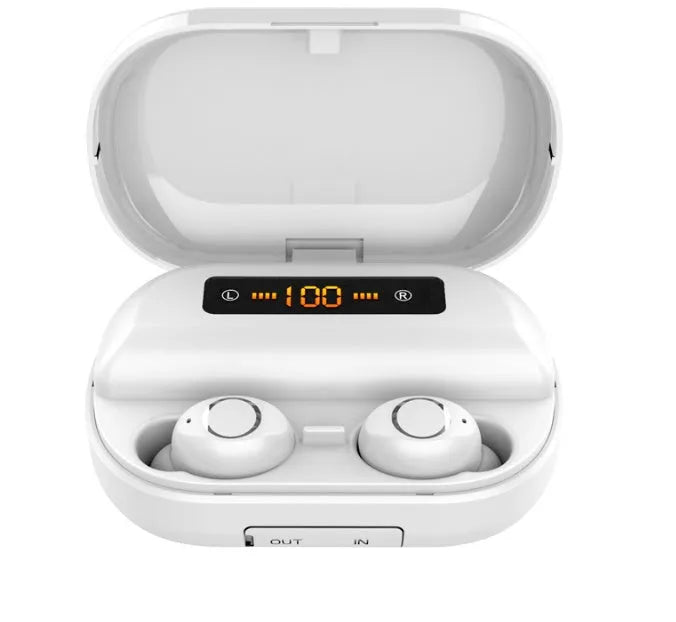 Wireless Bluetooth headset earbuds in black with battery display and stereo sound