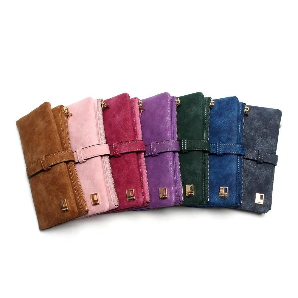 Korean retro style long wallet for women in matte PU leather, shown open to reveal card slots, phone pocket, and zipper closure.