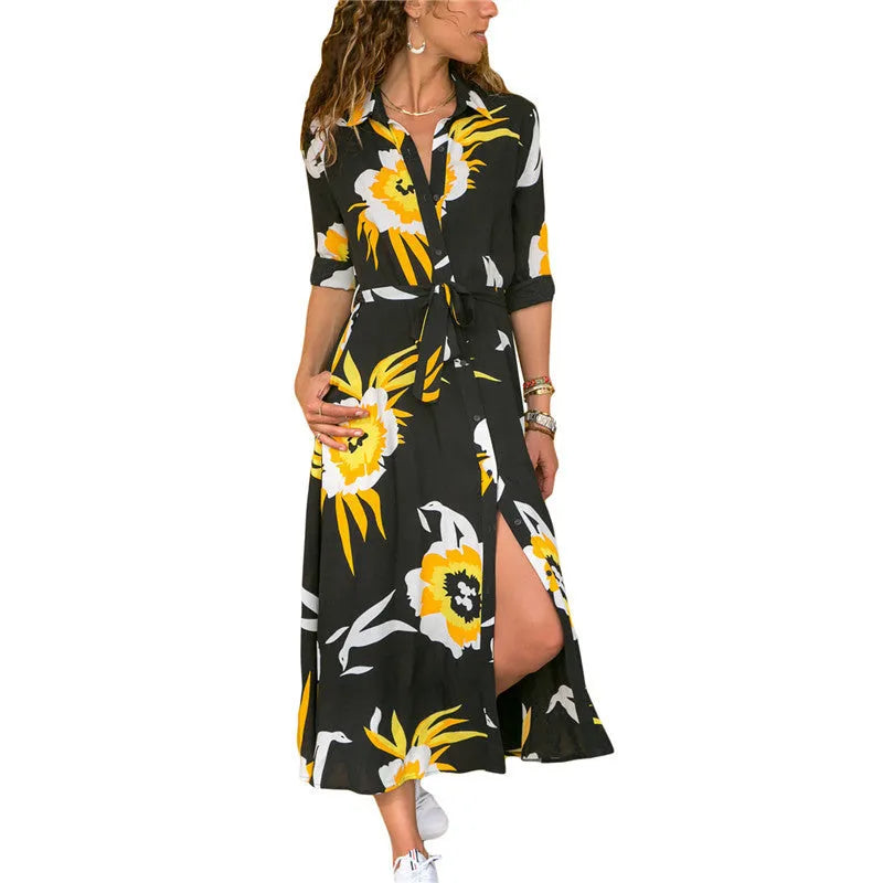Women's printed chiffon A-line dress with V-neck and high waist design