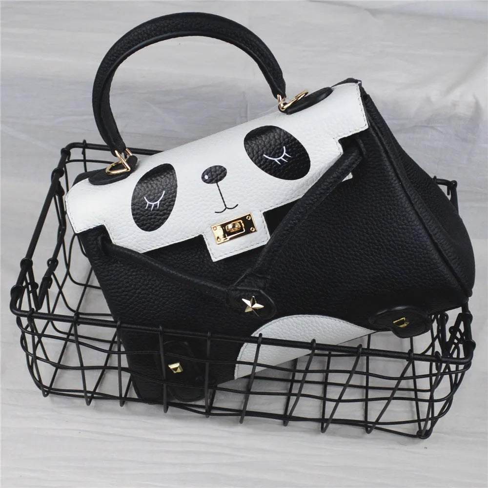 Panda animal print cow leather handbag in a square shape, shown in two size options.