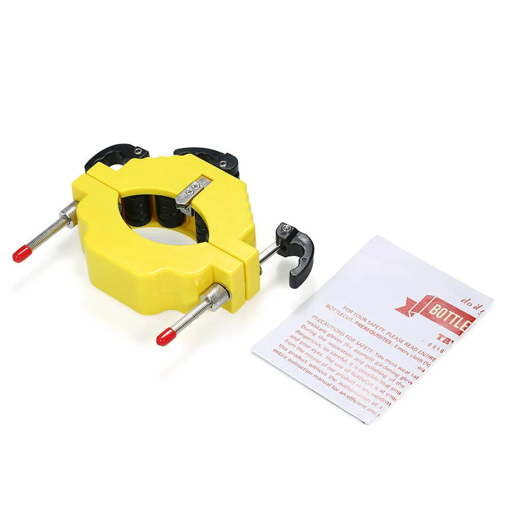 Yellow bottle cutting tool with adjustable mechanism for DIY glass projects.