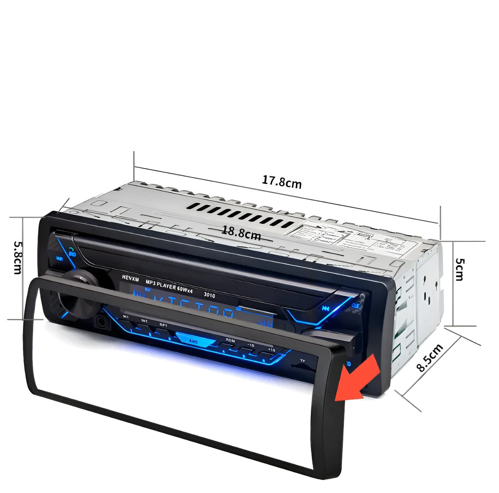 Car stereo MP3 player unit with Bluetooth, LCD display, USB/TF slots, and control buttons