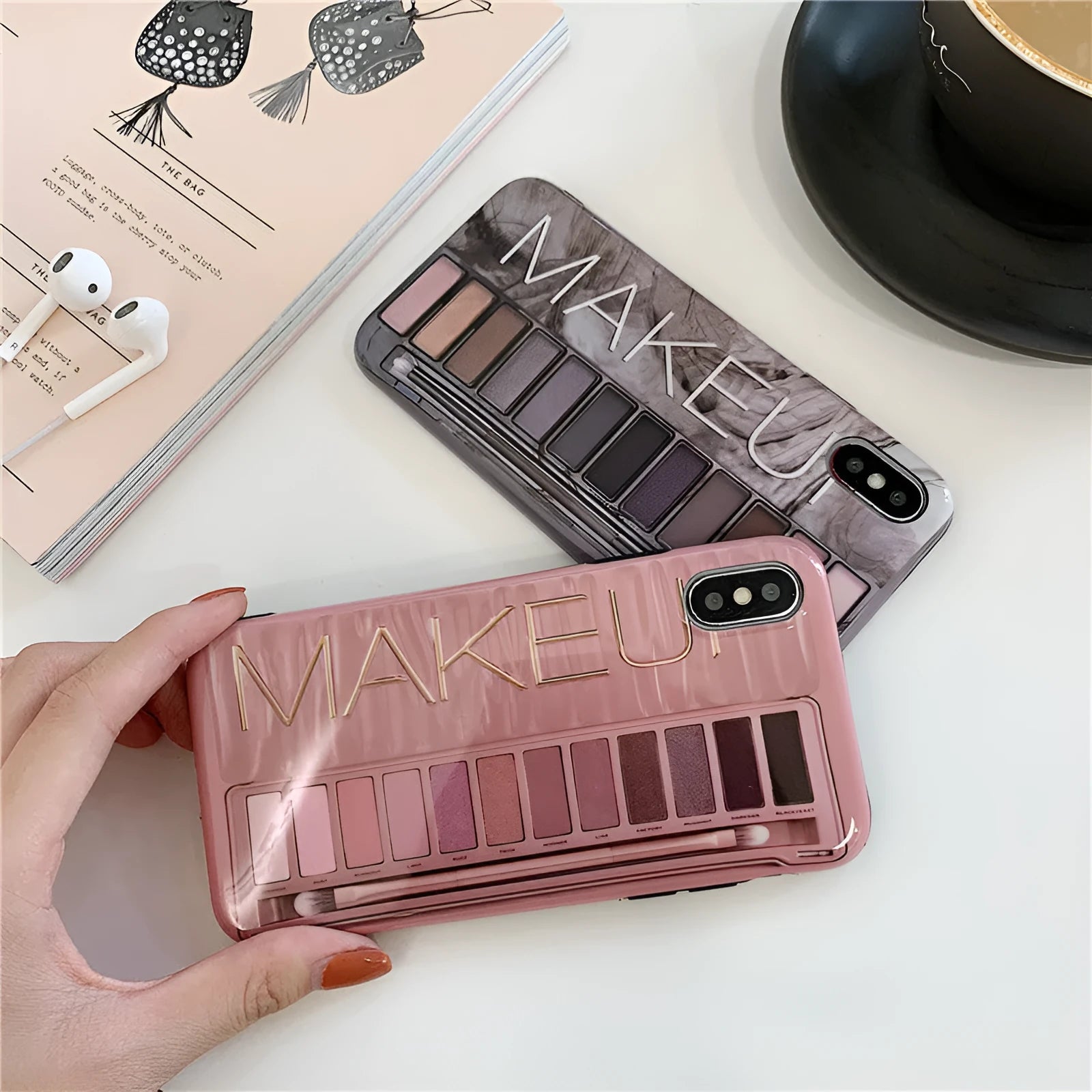 Silicone phone case with textured eye shadow design for iPhone, shown in flesh colour.