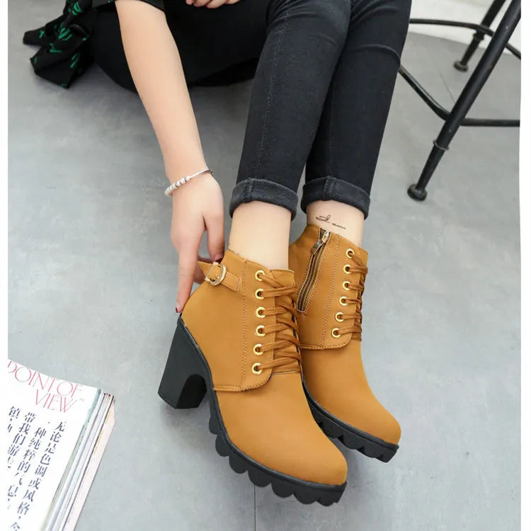 Chunky block heel women ankle boots with buckle strap and front tie in PU suede, round toe, black