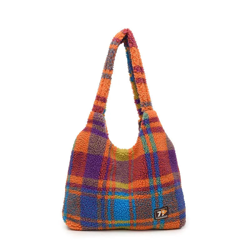 Women's plush plaid crossbody tote bag in Army Green colour showing 40x44x9cm dimensions and internal zipper pocket