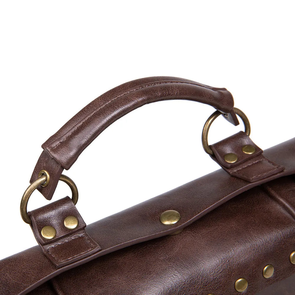 Bronze steampunk pillow shoulder bag with metal hardware on a structured square PU body.