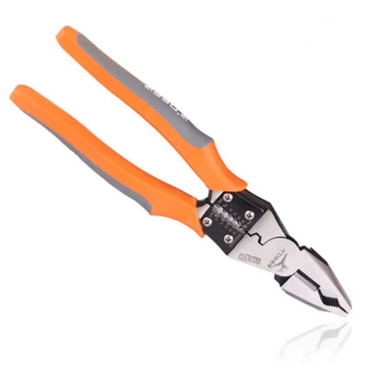 Orange handled multi-function wire cutter 118-129 with alloy steel head for stripping and crimping