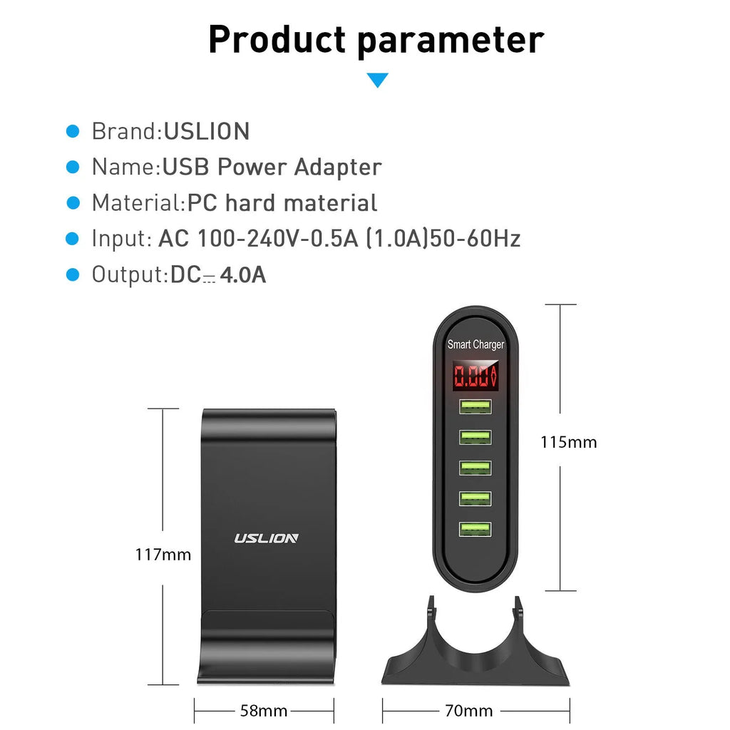 Black Smart LED Digital Display USB wall charger showing voltage readout