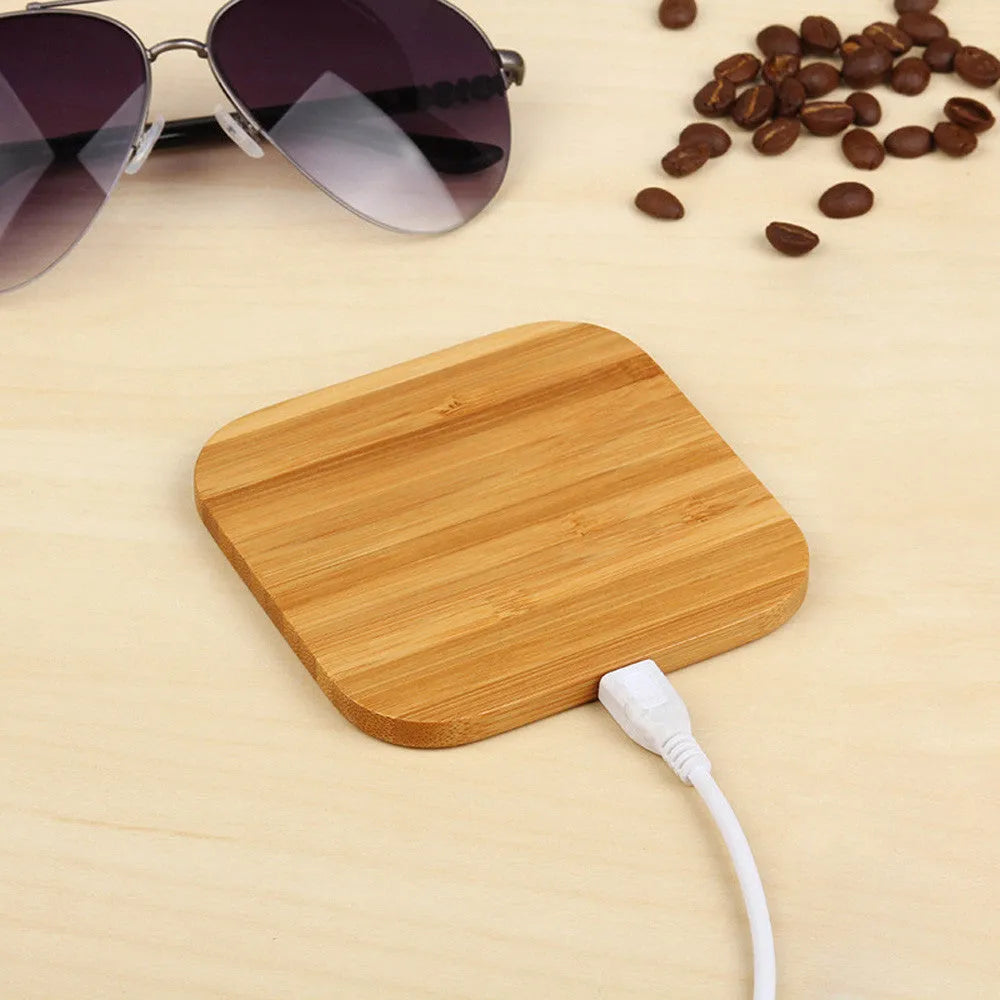 Square brown bamboo wood wireless charger with Qi 5W charging capability