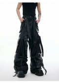 Black retro quilted trousers with multiple pockets and stitching ribbon details