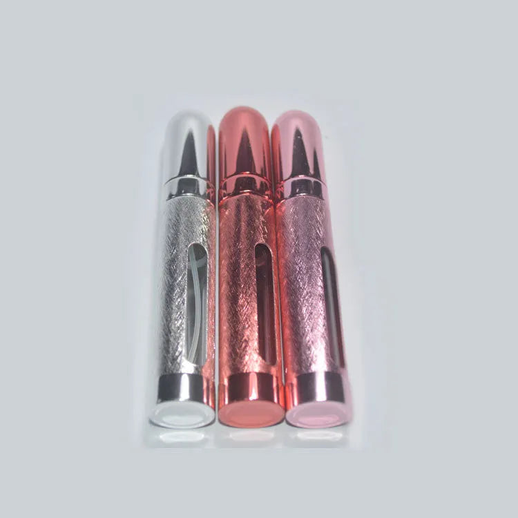 12ml aluminium travel perfume bottle with glass liner in various colours including blue, gold, pink, red, silvery, violet