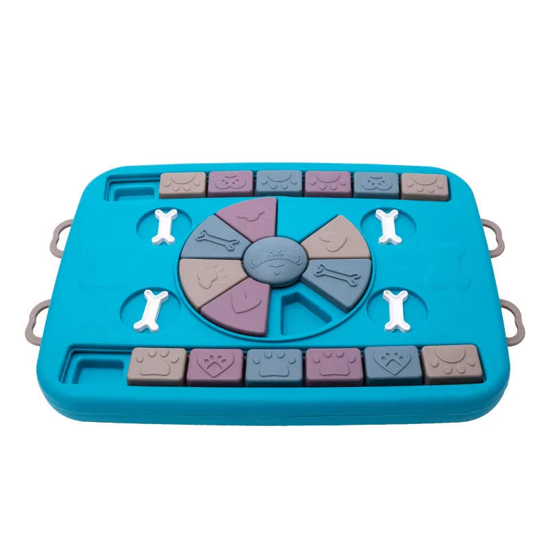 Blue interactive dog puzzle toy with four switches and sliding panel on anti-skid base