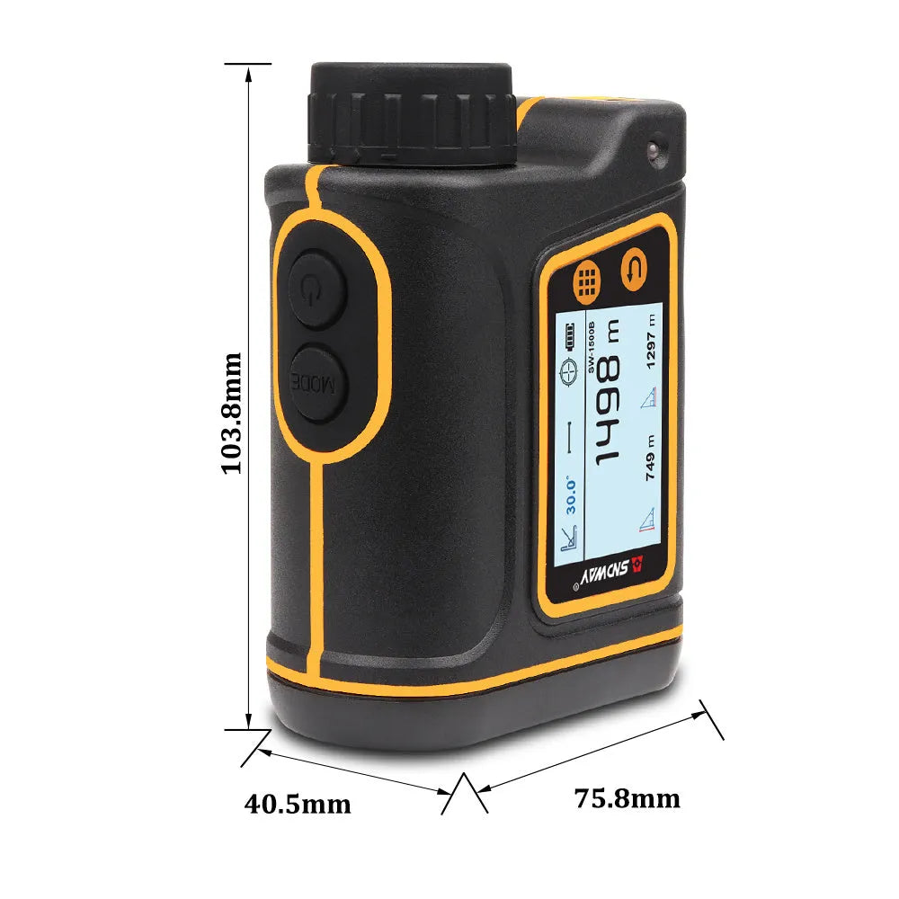 SW series handheld golf laser rangefinder showing compact black design on golf course.