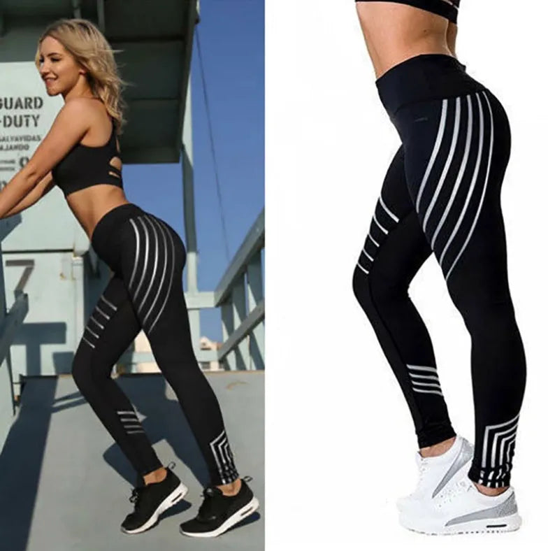 Women's black glow-in-the-dark fitness leggings with reflective print in pencil pants style