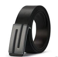 Men's PU leather belt with rectangular alloy smooth buckle, car suture detail, and dust bag, on a white background