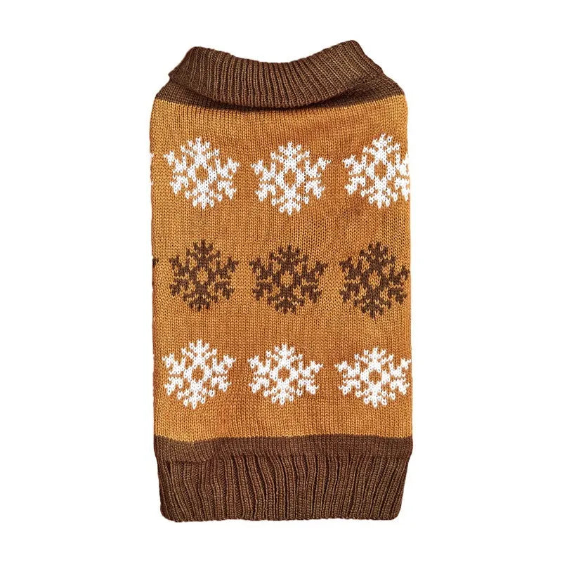Snowflake pattern Christmas dog sweater in dark brown and grey colours on small dog