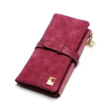 Korean retro style long wallet for women in matte PU leather, shown open to reveal card slots, phone pocket, and zipper closure.