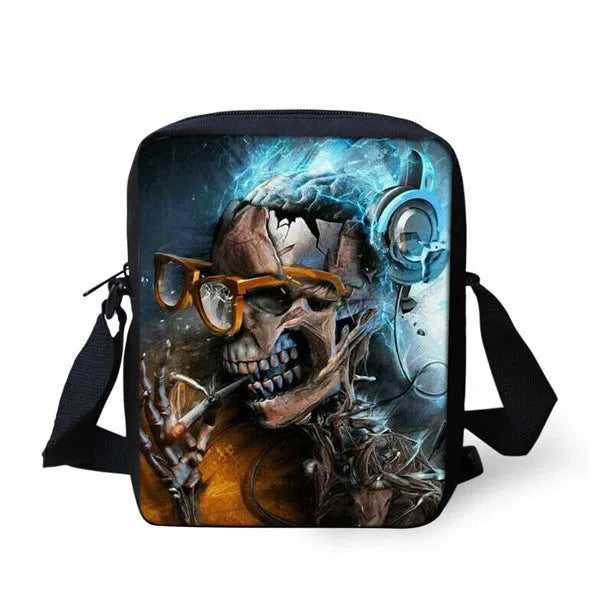 Children's messenger bag with skull patterns showing double straps and soft handle