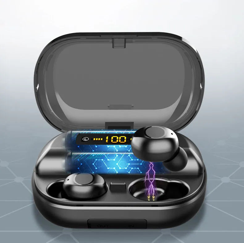 Wireless Bluetooth headset earbuds in black with battery display and stereo sound