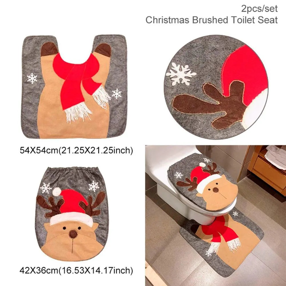 Christmas bathroom set with flannel shower curtain, toilet cover, and floor mats featuring Santa Claus design