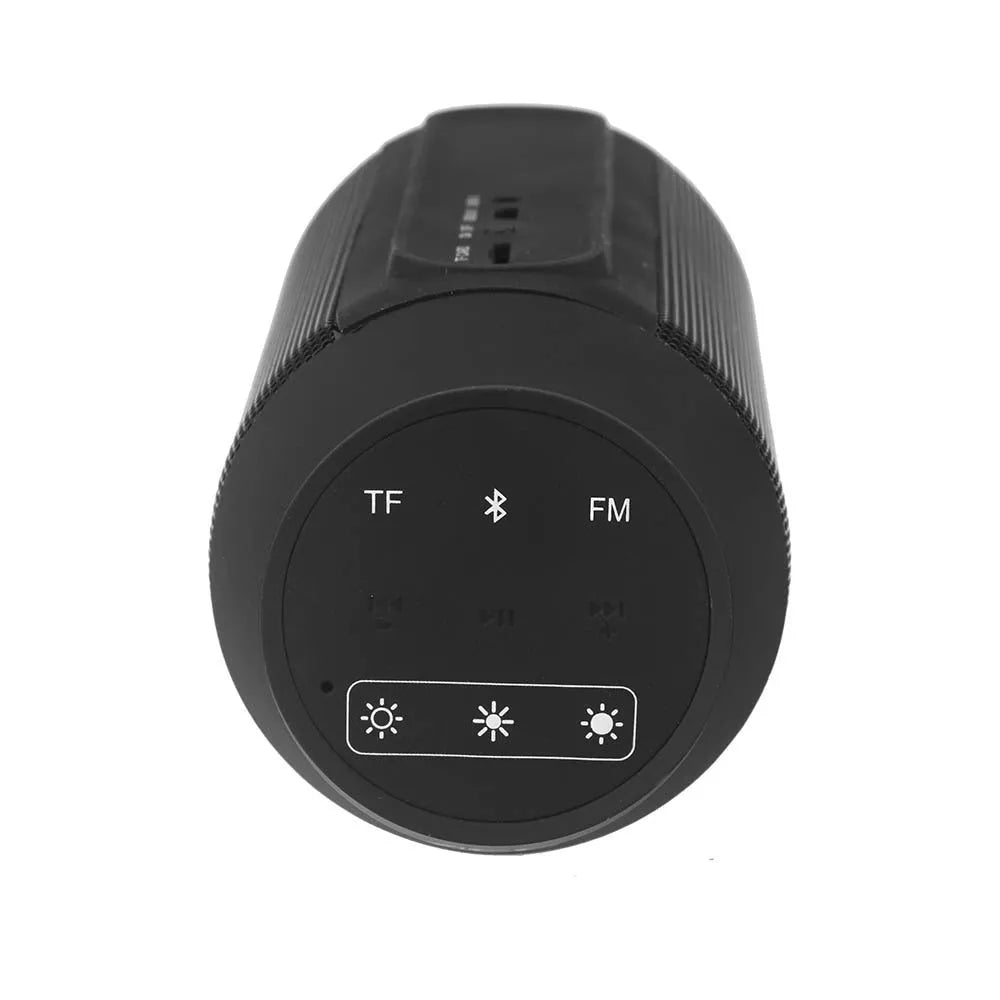 Black or white portable Bluetooth stereo with colourful lights showing 360° sound and compact 19.5×9×8cm size