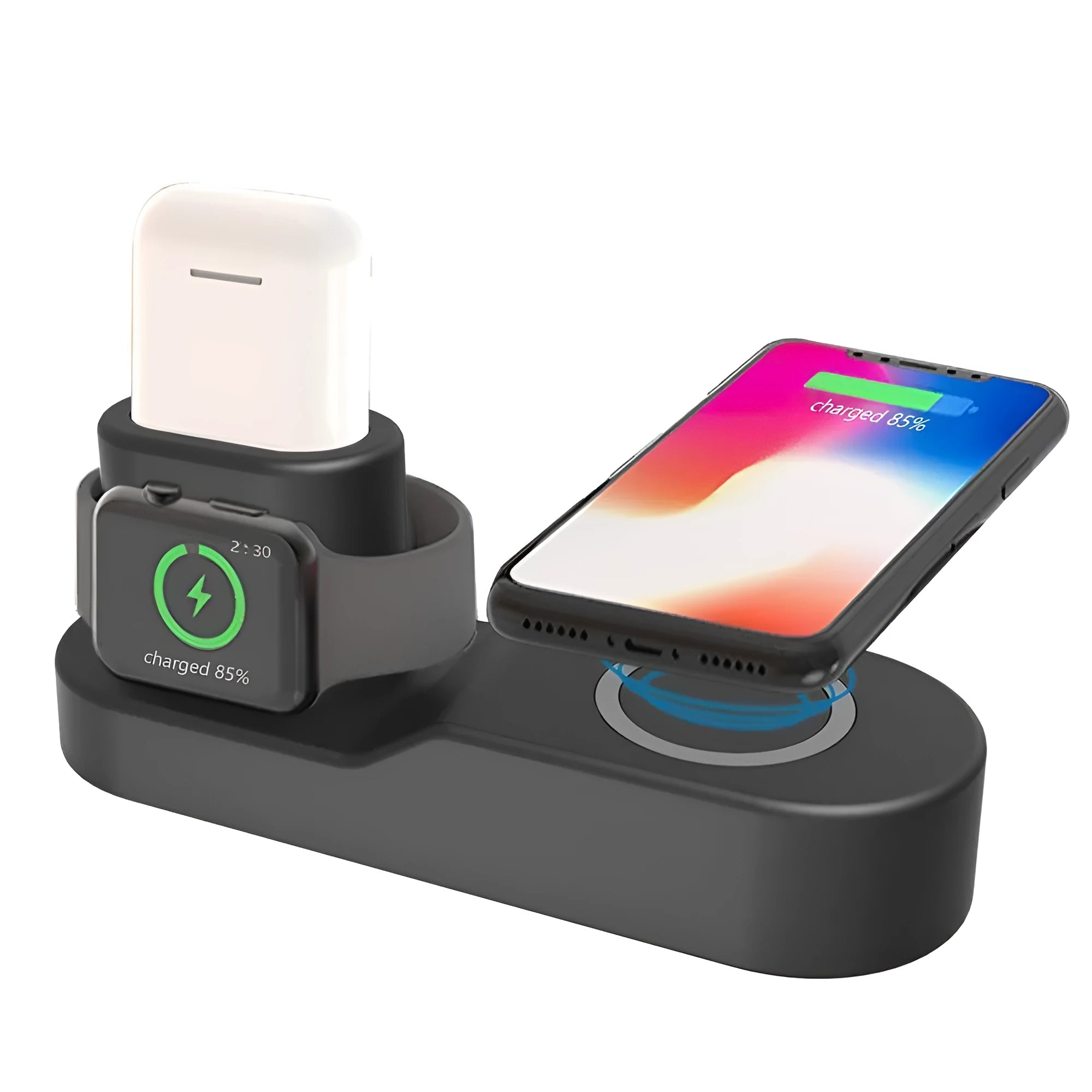 Black and white W3 wireless charging station with detachable Apple Watch charger and rotating connector dock