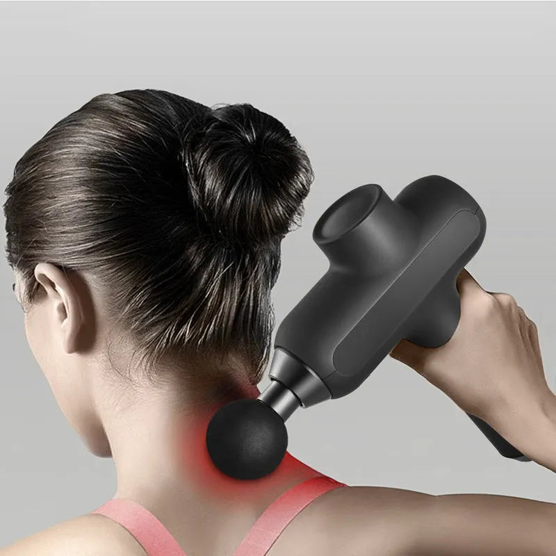Handheld muscle massager with six removable heads in black, white, or red colours