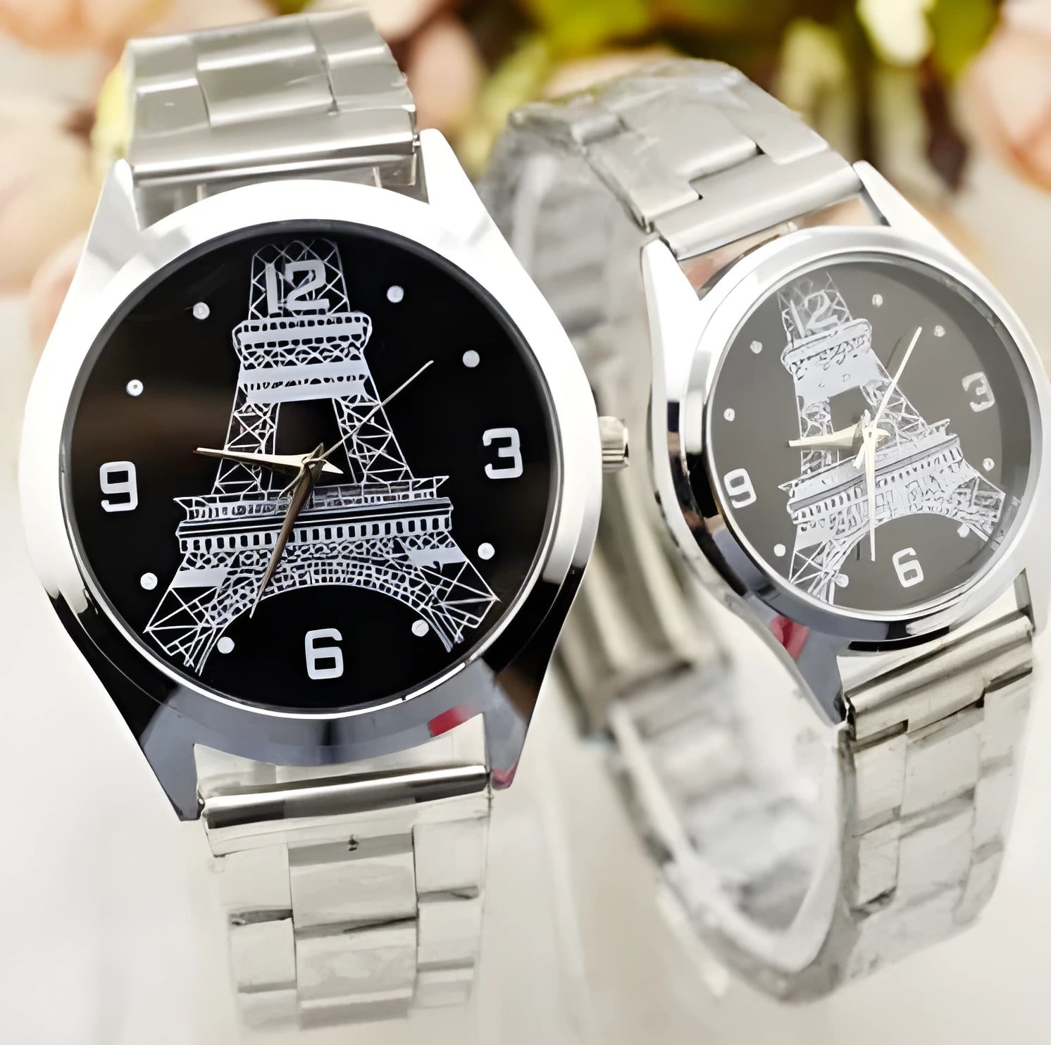 Eiffel Tower design wrist watch with round stainless steel case and Roman numeral dial