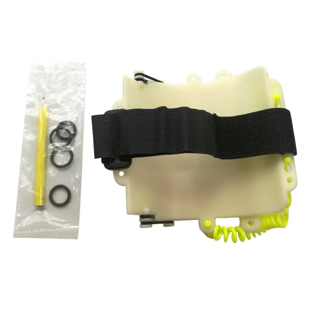 White luminous underwater writing wristboard for divers on a wrist, with pencil and spare o-ring.