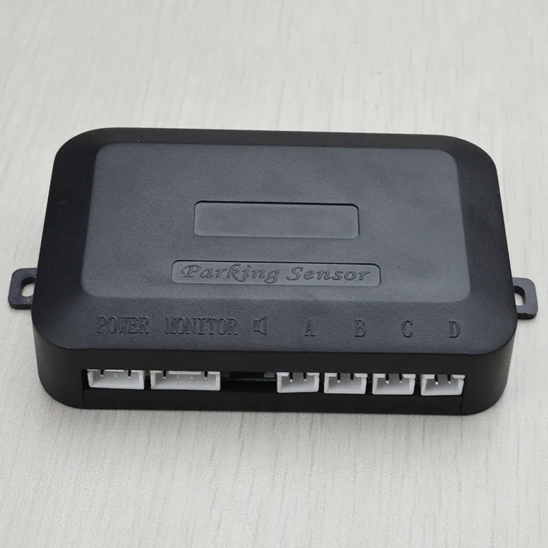 12V reversing radar parking sensor kit with four black ultrasonic probes and digital LED display control box