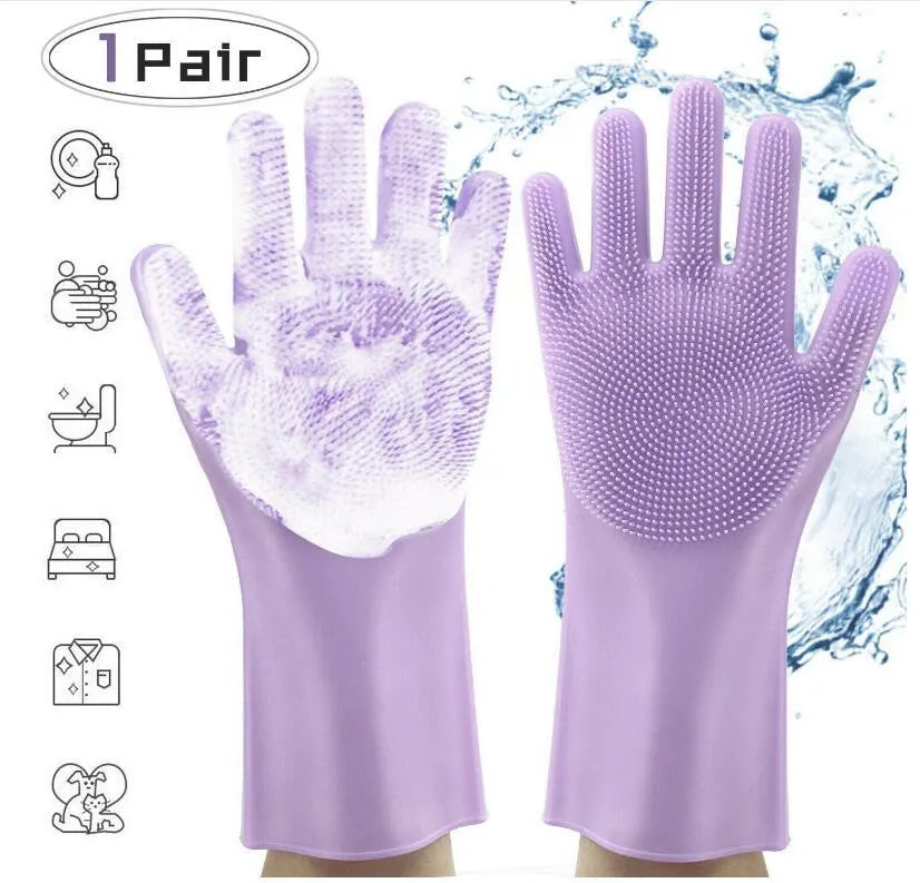 A pair of blue silicone cleaning gloves with a textured sponge-like surface for scrubbing.