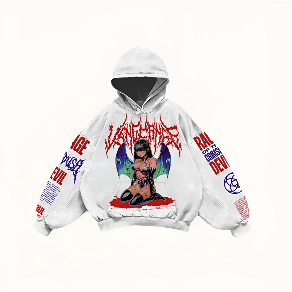 Men's printed hooded loose retro sweatshirt in black, long sleeve pullover style