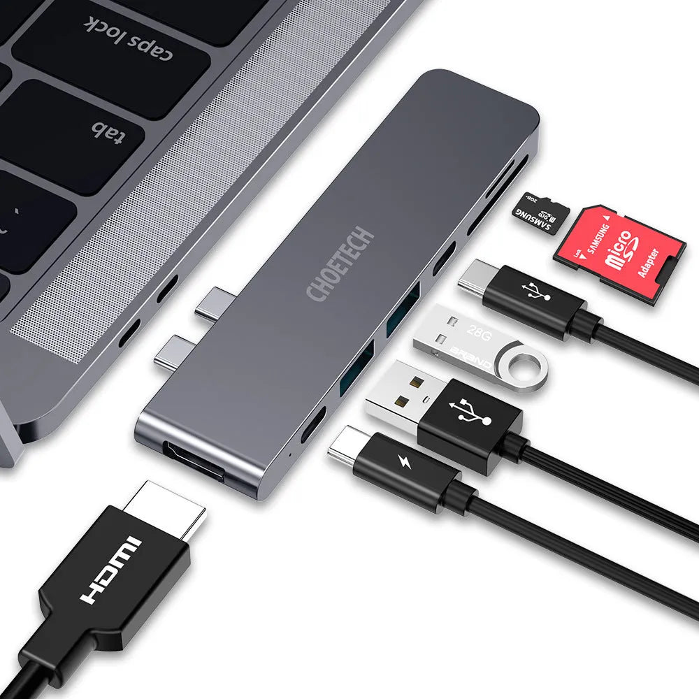 Aluminium alloy USB C hub with seven ports including SD card reader and 4K HDMI for laptops