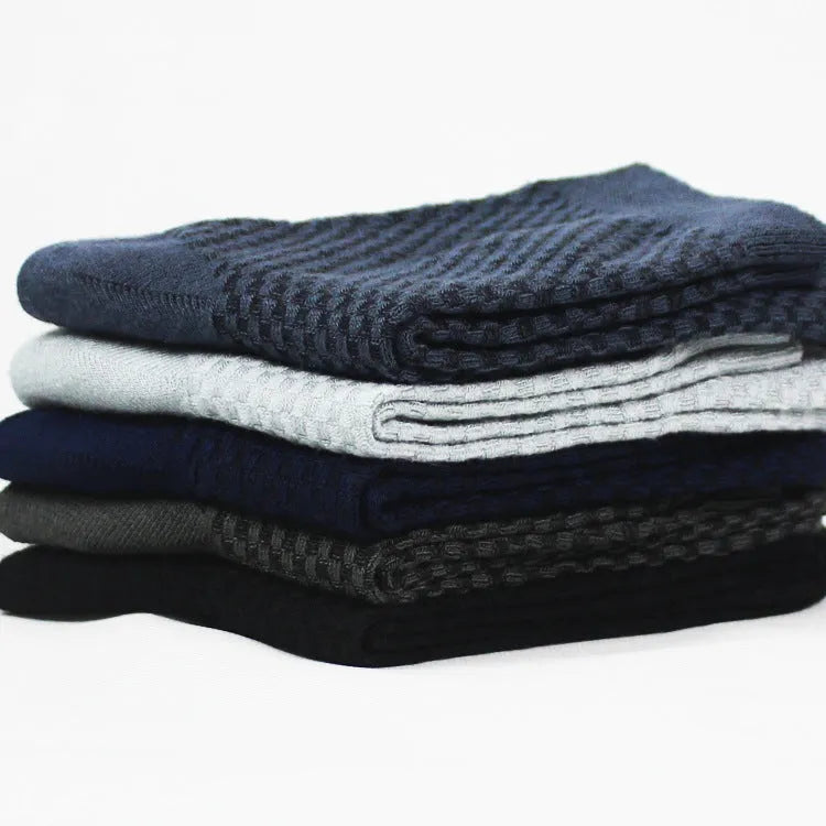 Men's bamboo fibre business socks with small square pattern in black, grey blue, iron grey, navy blue, and silver grey.