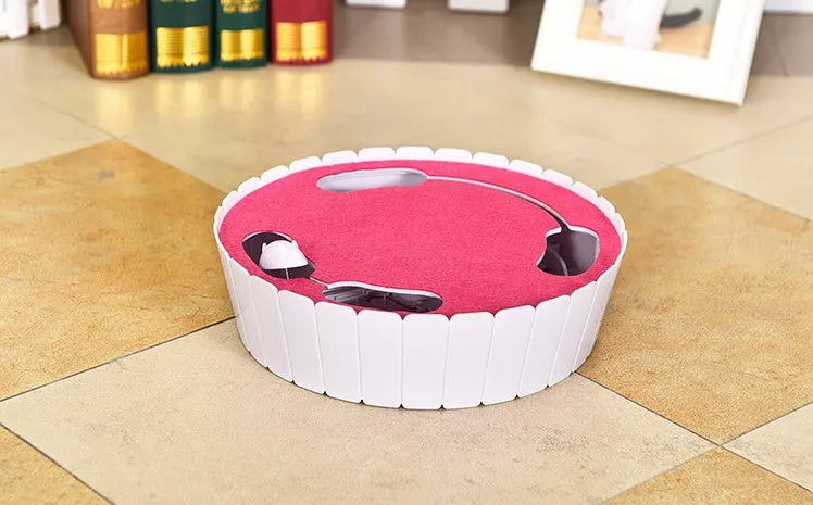 Automatic cat teaser toy with rotating non-woven mouse, blue colour, on a light floor