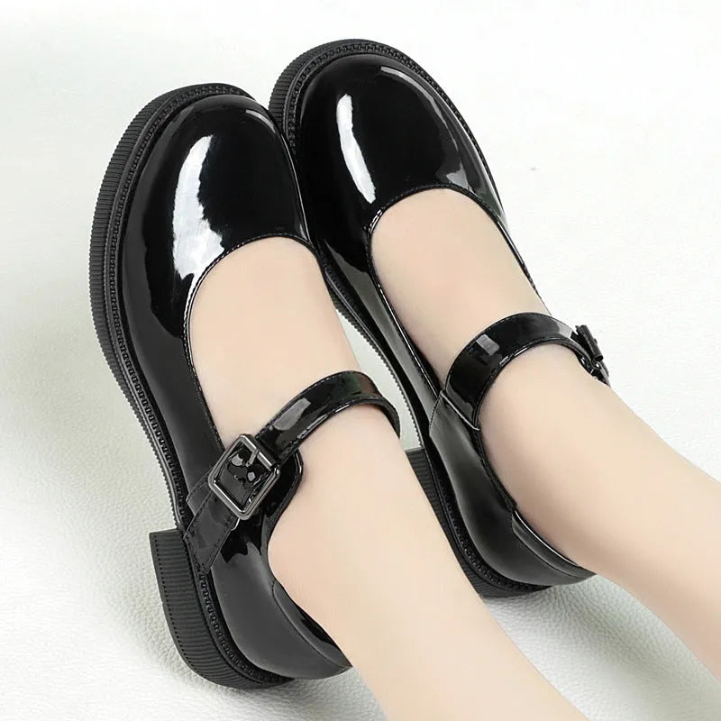 Black round toe leather pumps with buckle strap, mid-heel 3.5cm, cow split leather upper, rubber sole, women's shoes