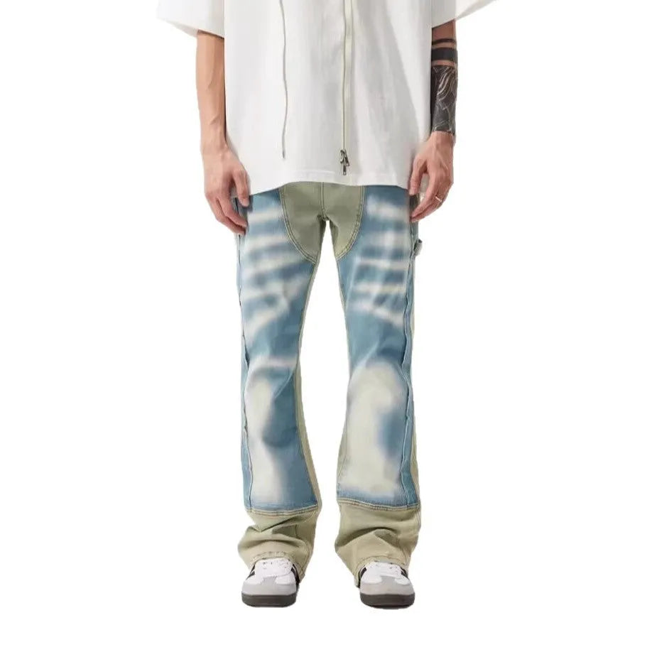 Retro patchwork jeans with yellow and blue splash-ink damaged design, zip fly, non-stretch denim