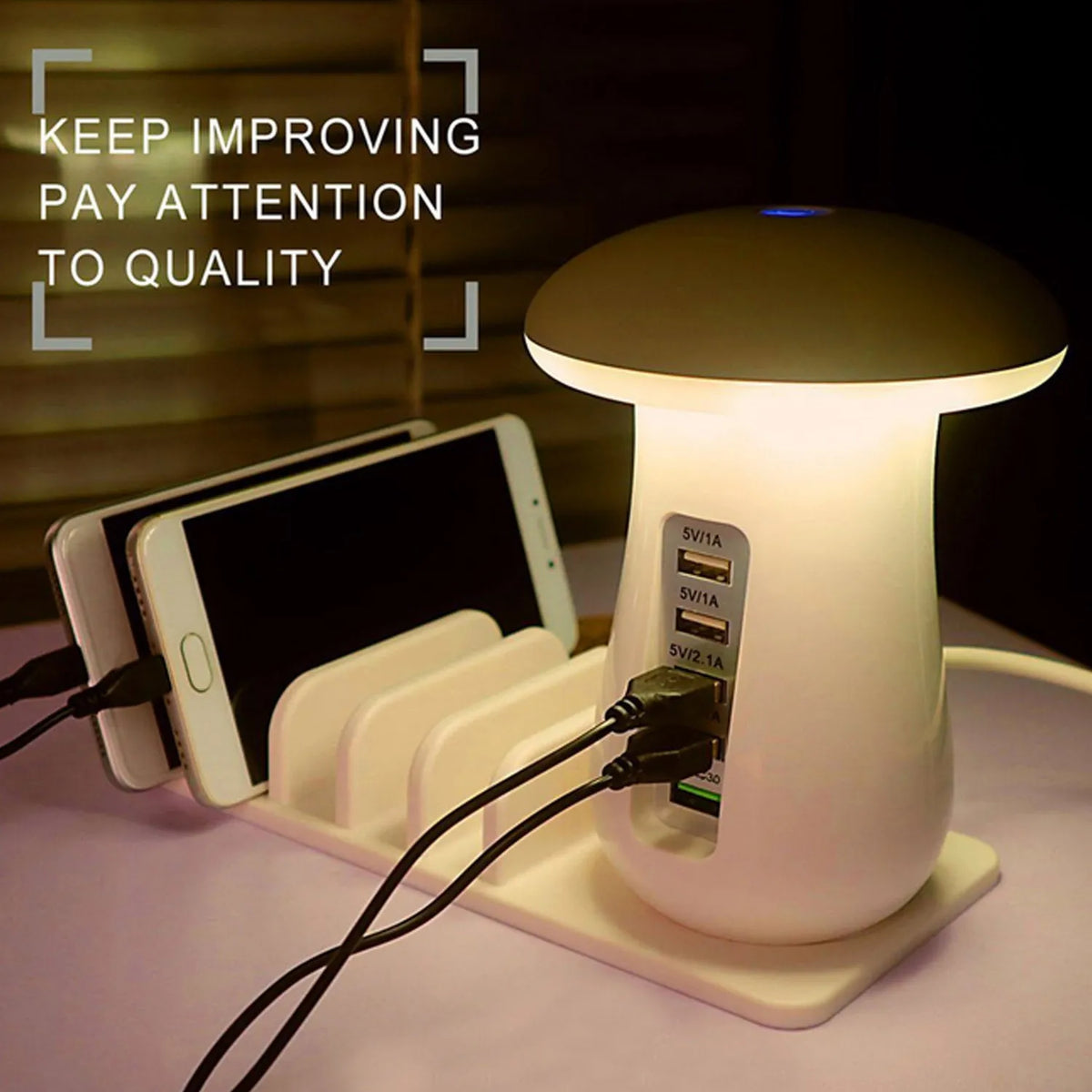 Besegad Mushroom shaped white USB charging dock station with 5 ports and built-in soft LED night light