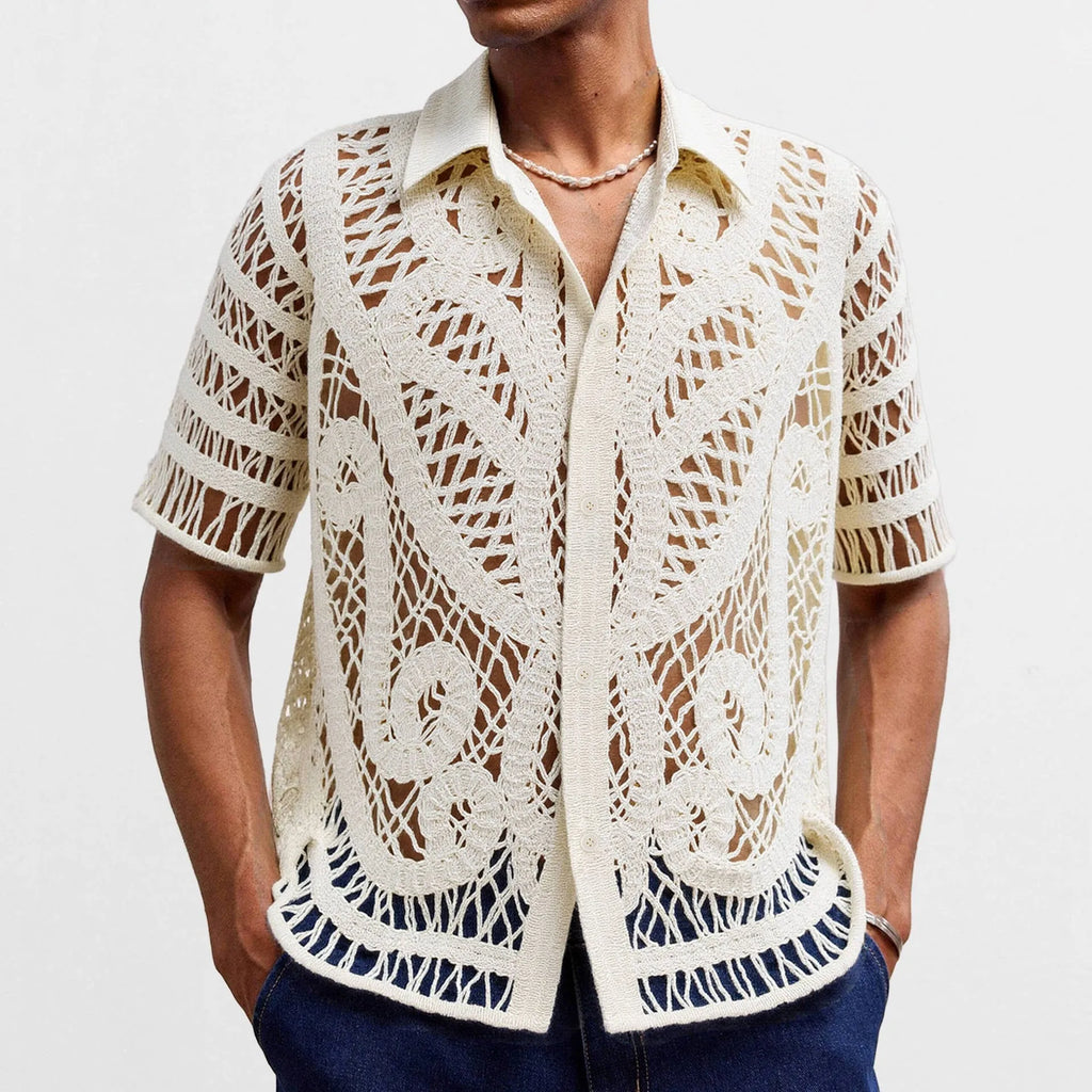 Men's hollow crochet short sleeve cardigan polo shirt in apricot acrylic knit for casual summer wear.
