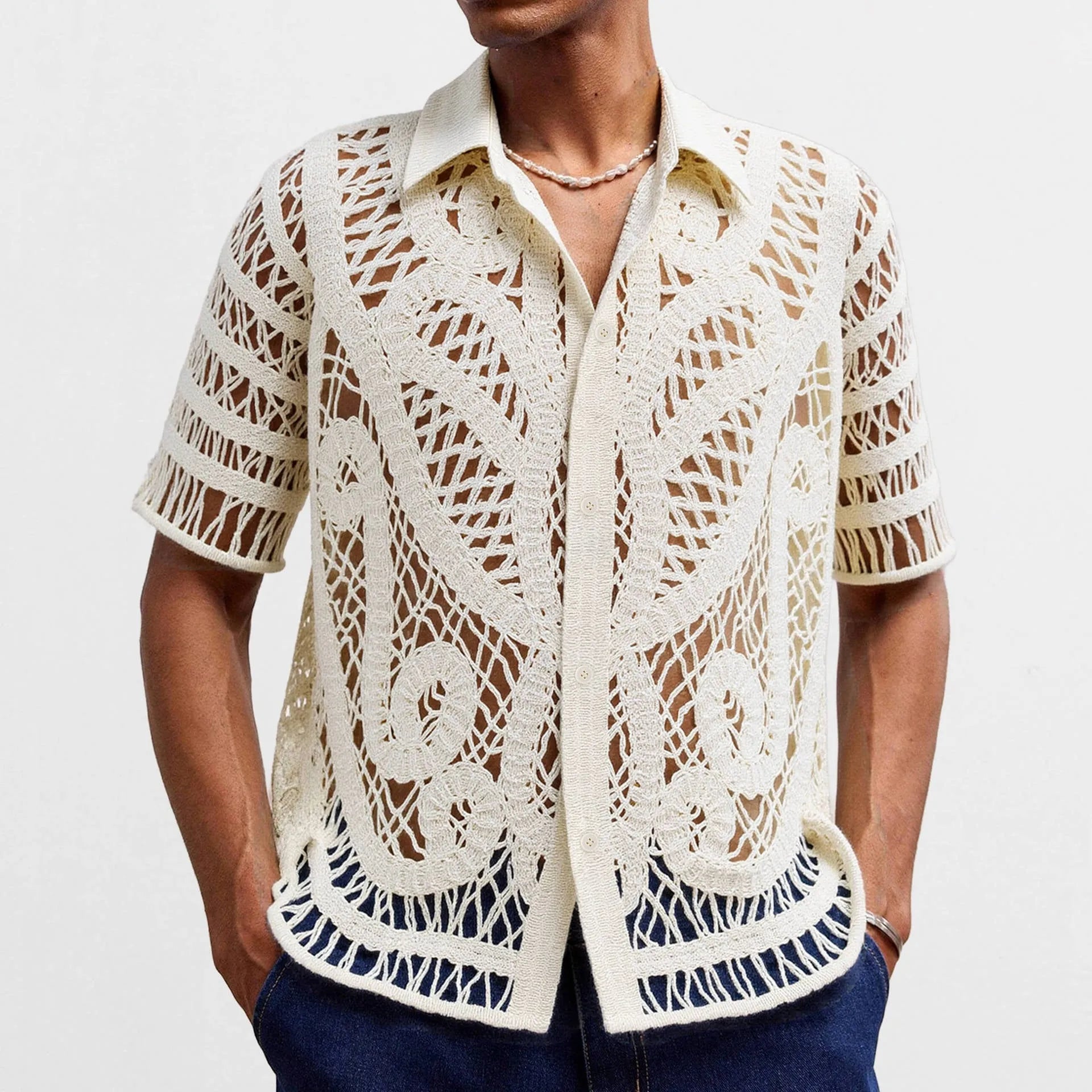 Men's hollow crochet short sleeve cardigan polo shirt in apricot acrylic knit for casual summer wear.